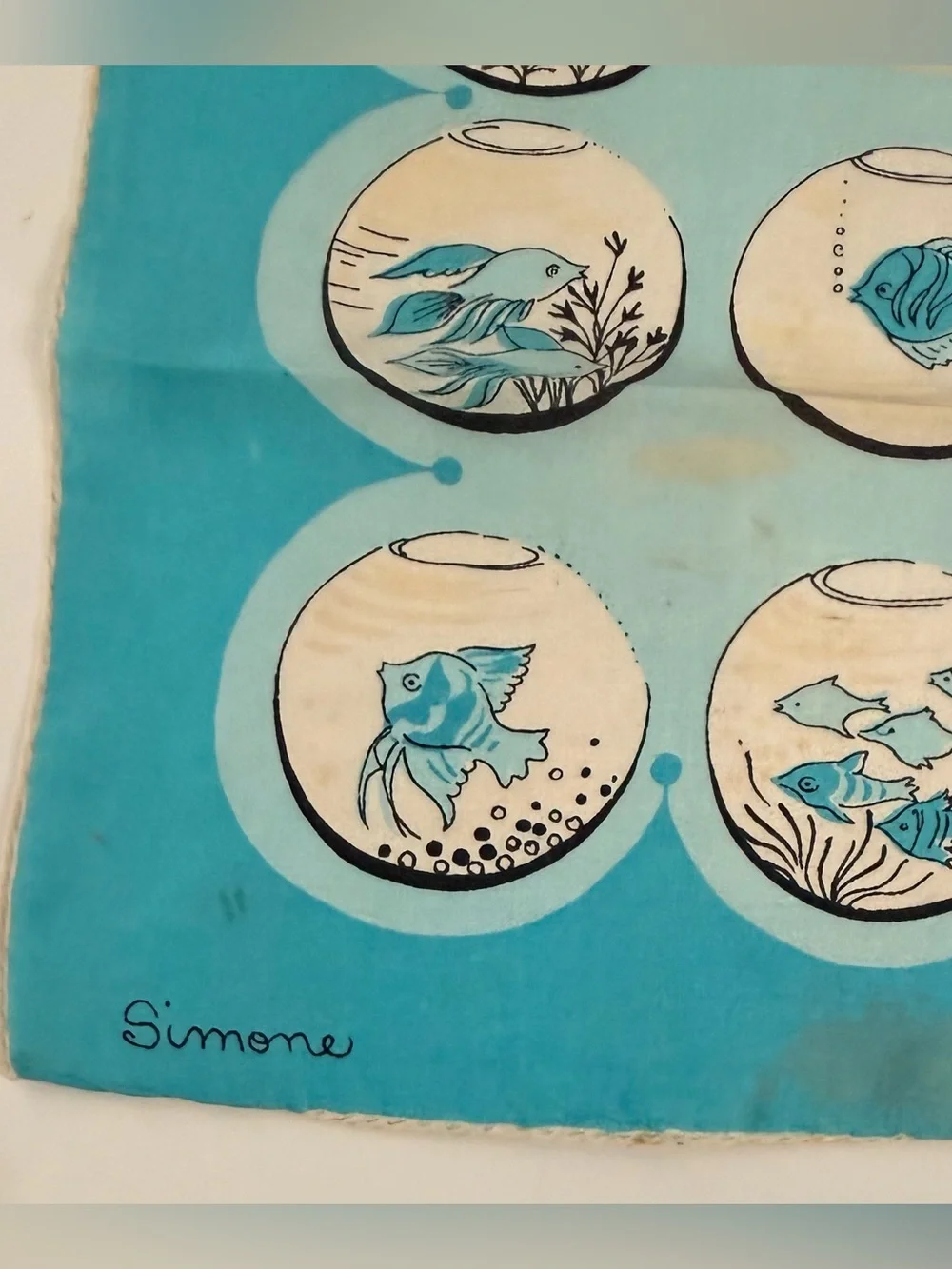 Vintage 1950s/60s Simone Silk Scarf Private Lives Fish Bowl Novelty Print MCM